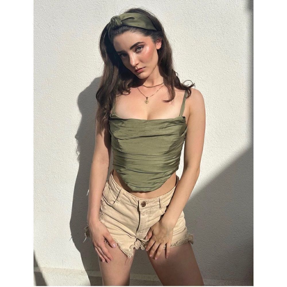 NWT Zara Blogger’s Favorite Green Satin Effect Ruched Draped Corset Top, Size XS - Picture 8 of 16